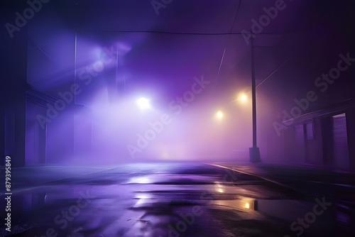 ultraviolet background of empty foggy street with wet asphalt illuminated by a searchlight laser