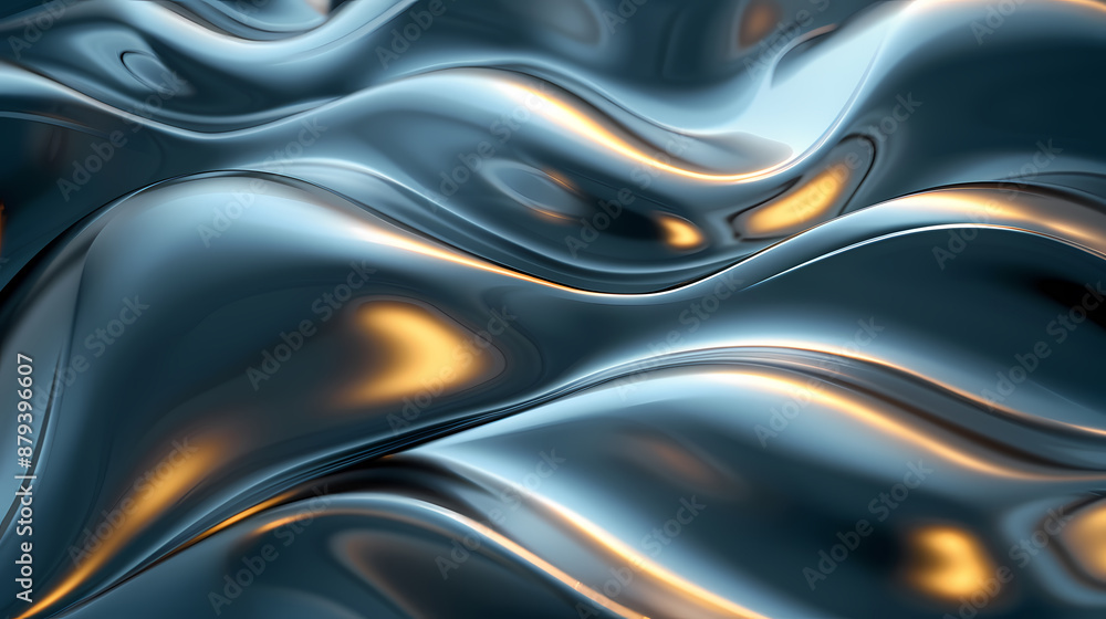 Abstract wavy metallic surface with golden light reflections creating a fluid and futuristic appearance. Abstract wavy metallic surface with golden light reflections creating a fluid and futuristic appearance.