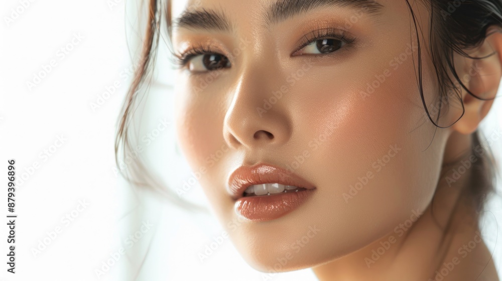 portrait of a beautiful Asian woman with glossy skin against a white background portrait of a beautiful Asian woman with glossy skin against a white background
