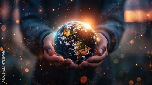 Fototapeta Naklejka Na Ścianę i Meble -  The planet earth is in the hands of man. The planet is filled with information. International Day of Universal Access to Information. search for information. information mining.