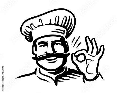 Restaurant chef showing ok sign. French cook with mustache emblem. Hand drawn black and white vector illustration