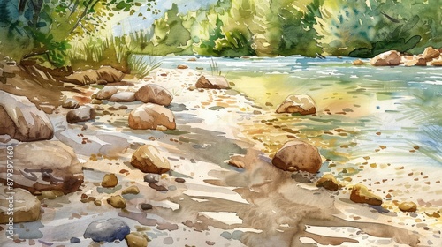 Watercolor painting of riverbank with rocks sand and water photo