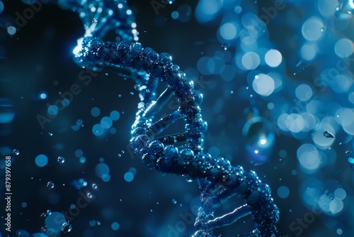 Blue dna double helix structure with bubble on dark background scientific biotechnology concept