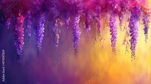 Fototapeta Naklejka Na Ścianę i Meble -  Elegant colorful with vibrant leaves hanging branches illustration background. Bright color 3d abstraction wallpaper for interior mural, Generated by AI