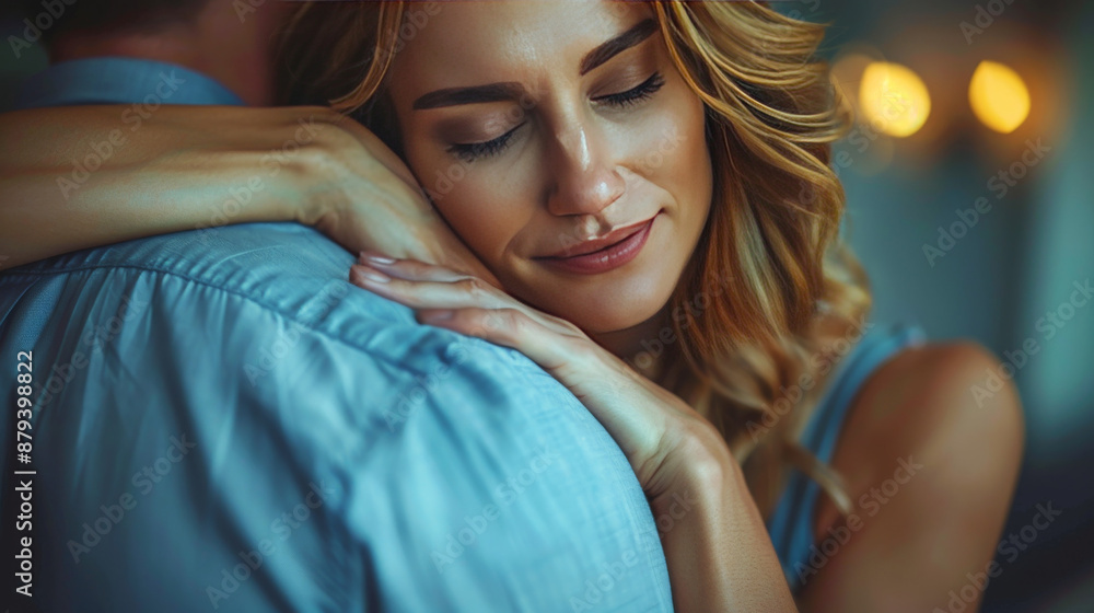 Fototapeta premium Happy loving man and woman enjoying a tender moment with closed eyes, expressing unity and care and love. Love and romance concept.