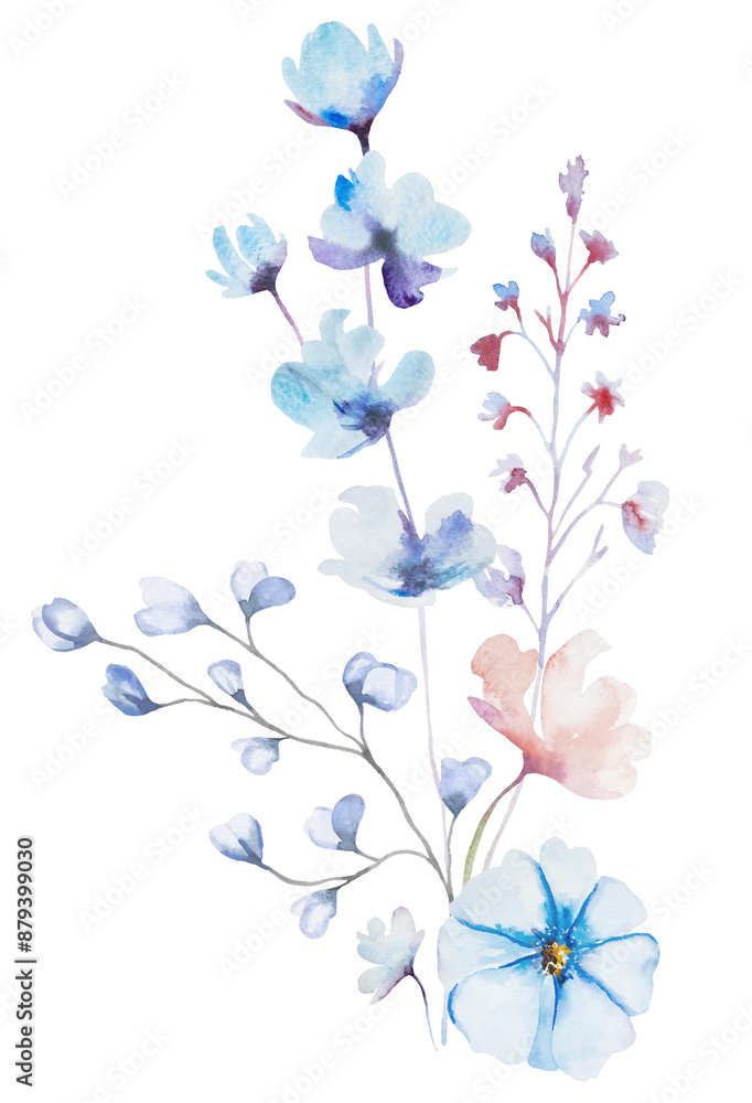 Bouquet made with watercolor pastel wild flowers and leaves, hand drawn wedding illustration Bouquet made with watercolor pastel wild flowers and leaves, hand drawn wedding illustration