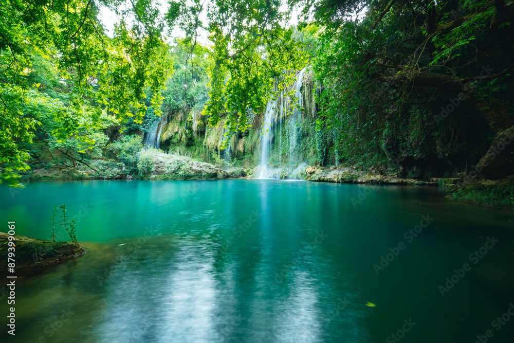 Fototapeta premium Kursunlu Waterfall. Kursunlu waterfall, which is the charm of nature with the water coming from the mountains in the green rainforests in Turkey.