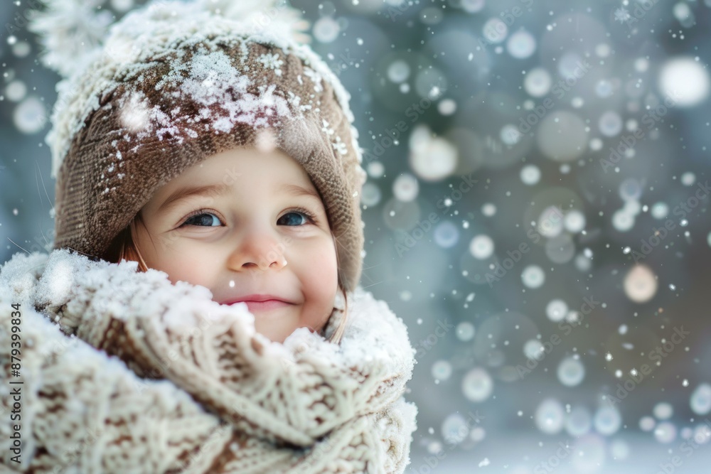 Young child is smiling while snowflakes fall on their warm winter clothes Young child is smiling while snowflakes fall on their warm winter clothes