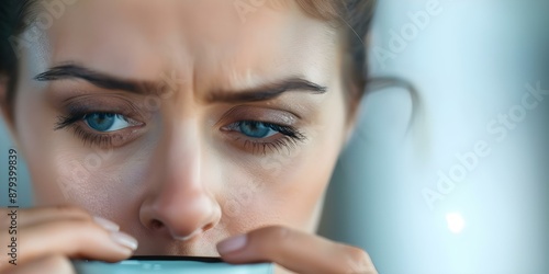 Woman looking exhausted and stressed while holding a coffee cup with dark circles under her eyes. Concept Stress, Exhaustion, Overwhelmed, Coffee, Dark Circles photo