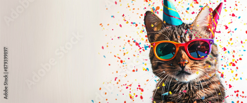 A cute cat wearing a party hat and sunglasses, posing against a vibrant, colorful background. This playful and fun scene is perfect for party invitations, greeting cards, and pet-themed celebrations