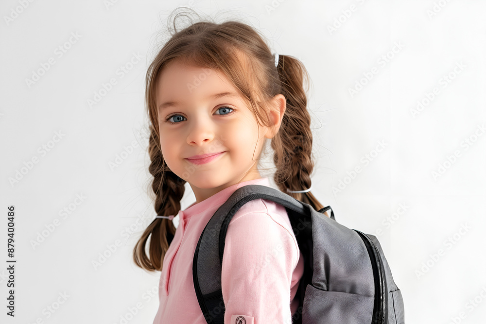 A girl with blonde hair, braids on her shoulder, and a backpack on her shoulder turned around and smiled on white background. A girl with blonde hair, braids on her shoulder, and a backpack on her shoulder turned around and smiled on white background.