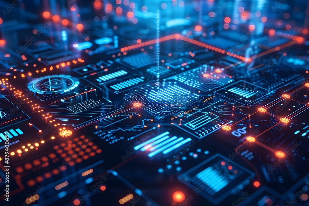 Futuristic Digital Circuit Board with Glowing Elements Futuristic Digital Circuit Board with Glowing Elements