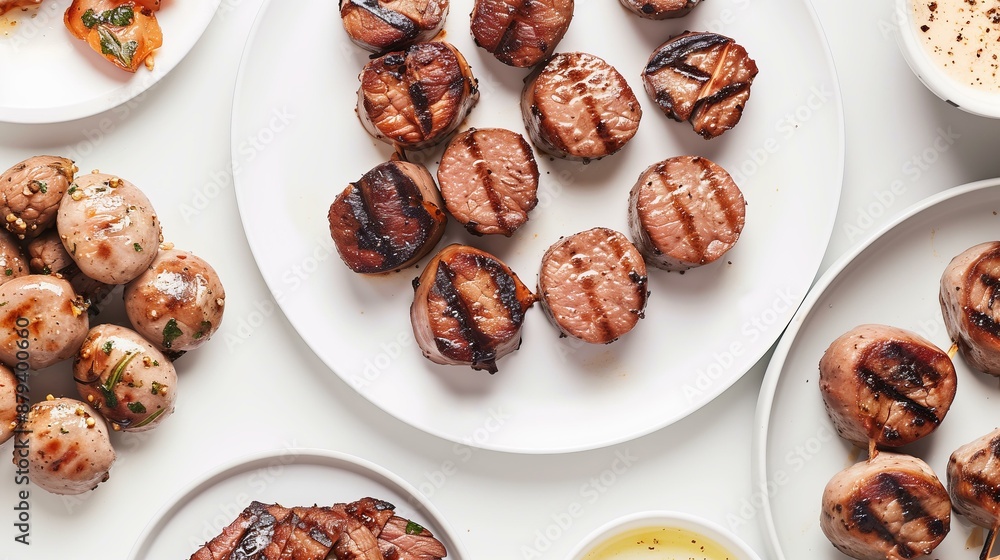 Grilled meat medallions and sausages on white plates, perfect for summer barbecues and gatherings. Grilled meat medallions and sausages on white plates, perfect for summer barbecues and gatherings.