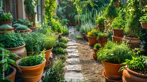 Home garden with green herbs and herbs planted img