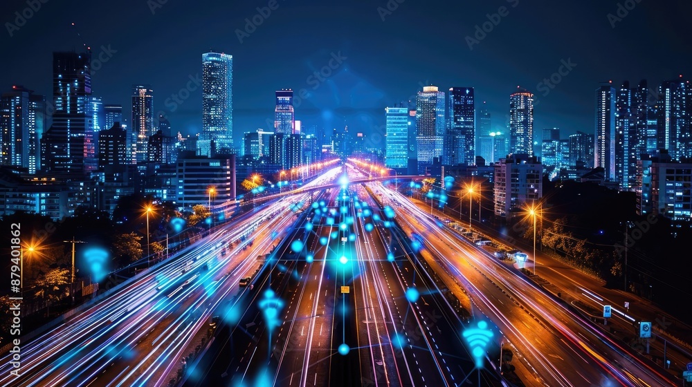 Fototapeta premium Smart city infrastructure with interconnected devices and systems, representing urban technological integration