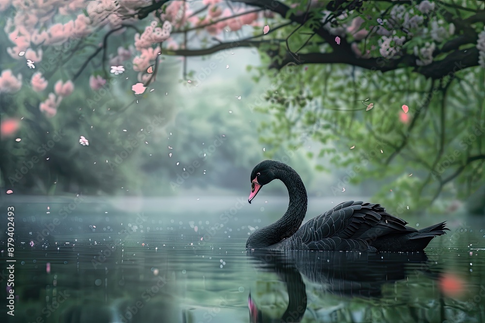 Obraz premium Black swan glides gracefully through a tranquil pond surrounded by delicate cherry blossoms
