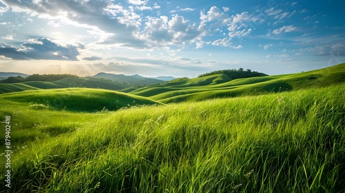 The emerald green grass covering the hills image