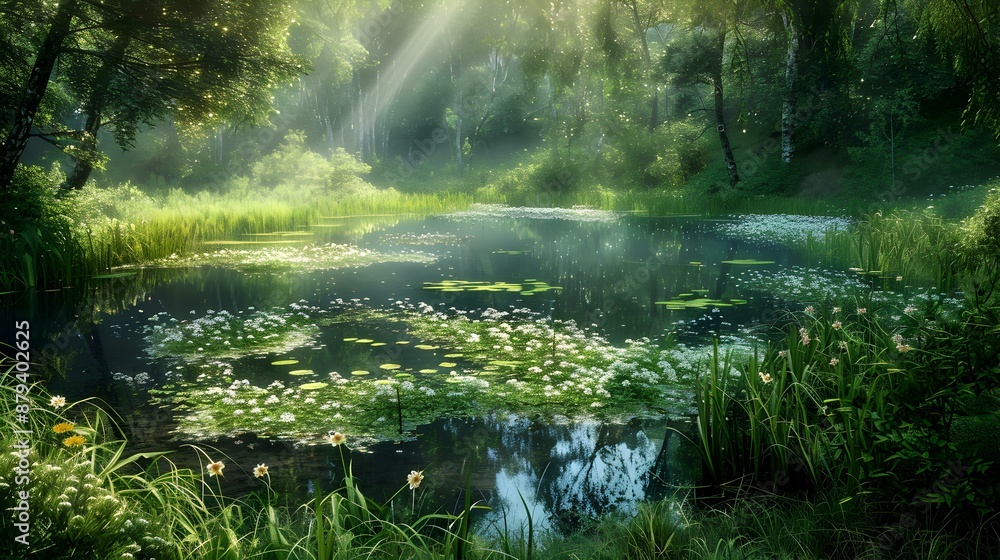 Fototapeta premium The spring buried in green grass and wild image