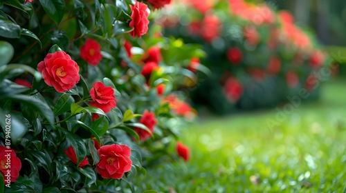 Fototapeta Naklejka Na Ścianę i Meble -  Camellia with bright red flowers decorating a garden