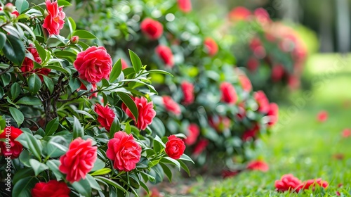 Fototapeta Naklejka Na Ścianę i Meble -  Camellia with bright red flowers decorating a garden img