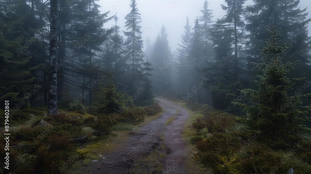 Misty forest path winding through tall trees. Misty forest path winding through tall trees.