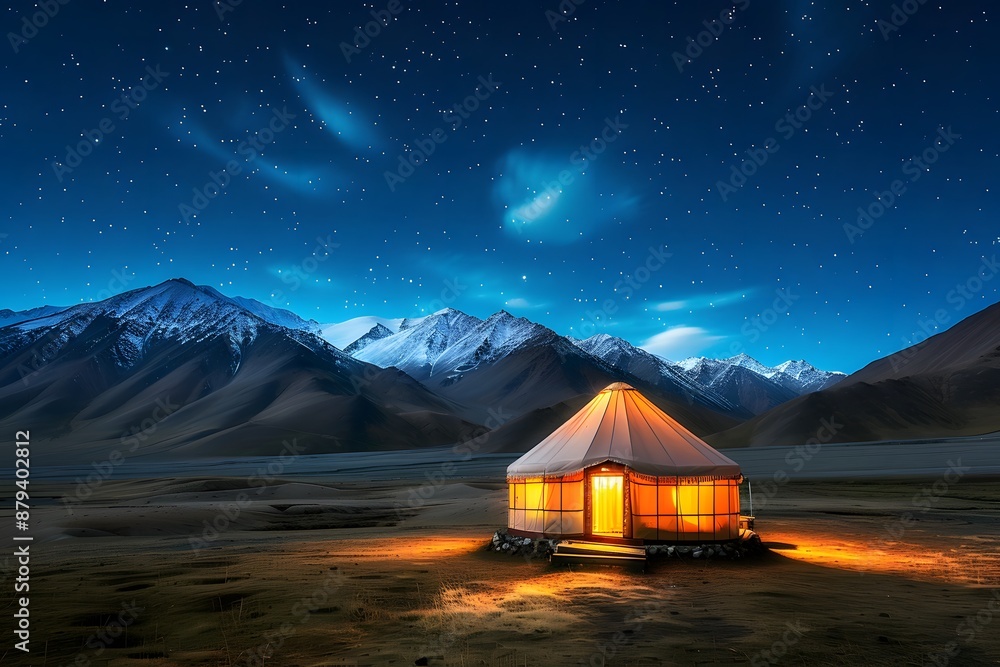 Illuminated tent under a starry night sky with majestic mountain range in the background. Illuminated tent under a starry night sky with majestic mountain range in the background.