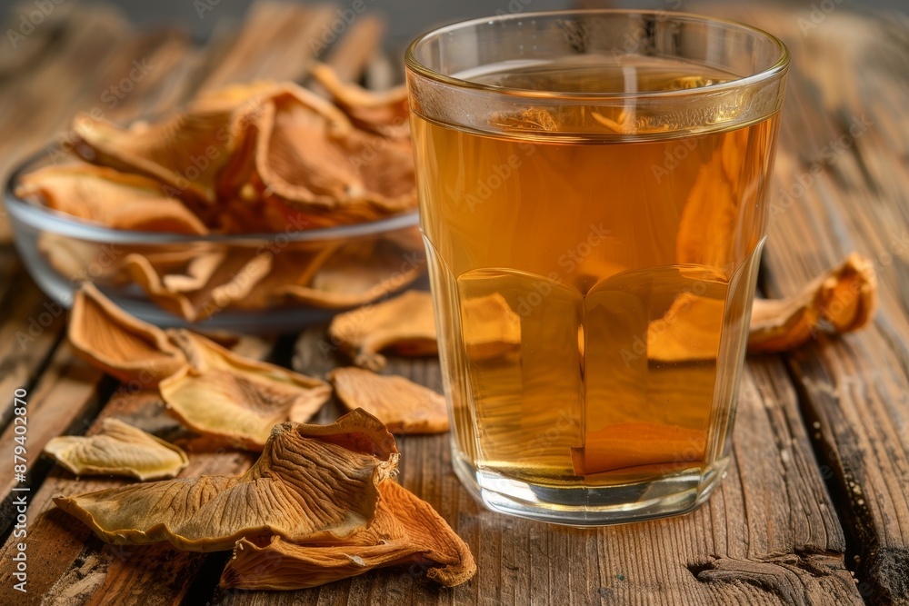 Bael tea with dried slices on wooden background bael juice for health Aegle marmelos Bael tea with dried slices on wooden background bael juice for health Aegle marmelos
