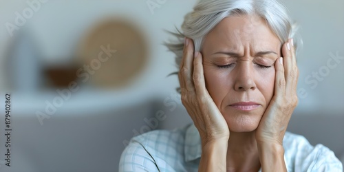 Woman indoors experiencing menopause symptoms and holding her head in discomfort. Concept Menopause Symptoms, Physical Discomfort, Indoor Lifestyle