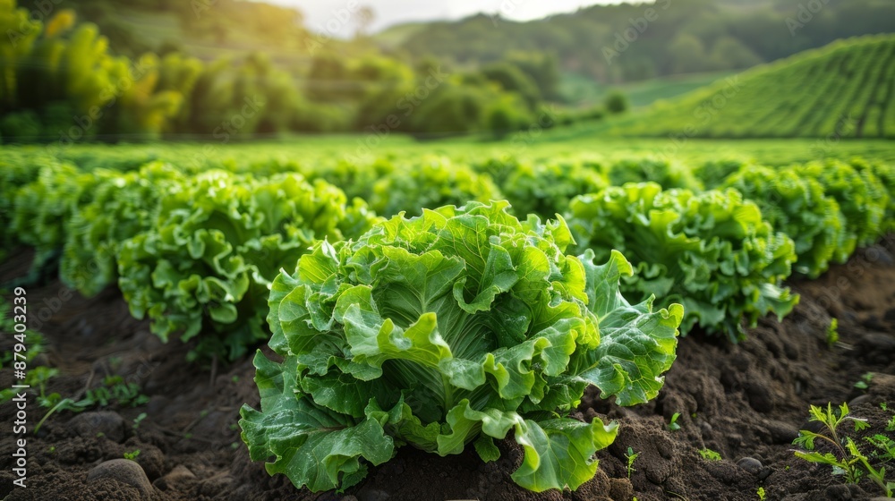 Lush Green Lettuce Rows Bask in Golden Sunlight on a Tranquil Farm. Generative AI Lush Green Lettuce Rows Bask in Golden Sunlight on a Tranquil Farm. Generative AI