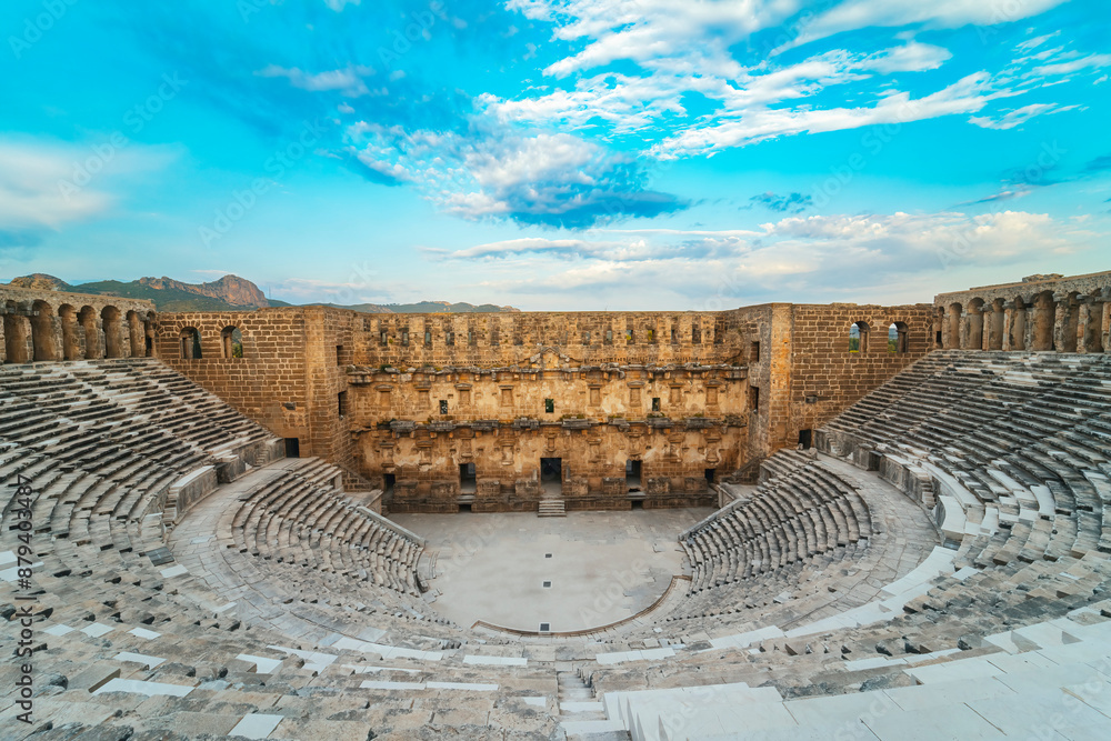 Naklejka premium Aspendos, Antalya. Wide-angle panoramic view of the Roman Theater in Turkey, taken from the air with a drone.