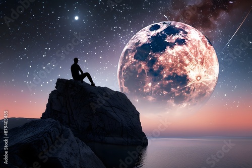 Person on cliff gazing at giant glowing moon over tranquil sea at twilight