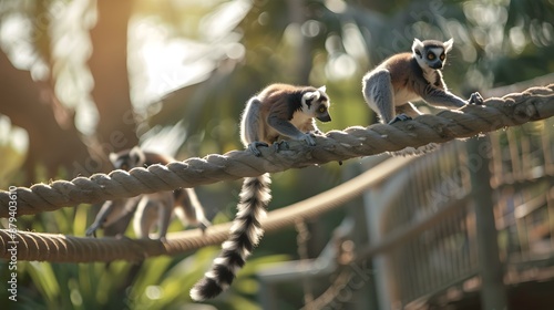 Lemurs playing on a specially equipped area