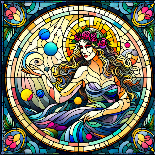 Cosmic Harmony: Stained Glass Artistry, Twelve Zodiacs Gleam in Separate Tile (Virgo)