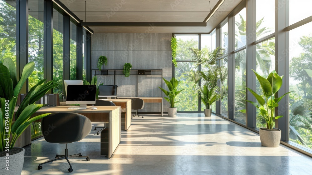 A large open office space with two desks and two potted plants A large open office space with two desks and two potted plants