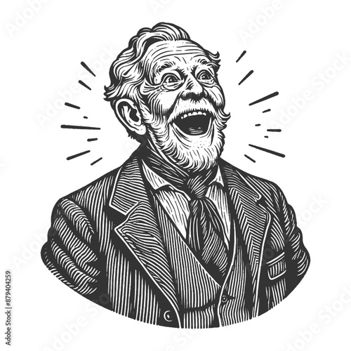 surprised elderly man with a mustache and bow tie, astonished expression sketch engraving generative ai fictional character vector illustration. Scratch board imitation. Black and white image.