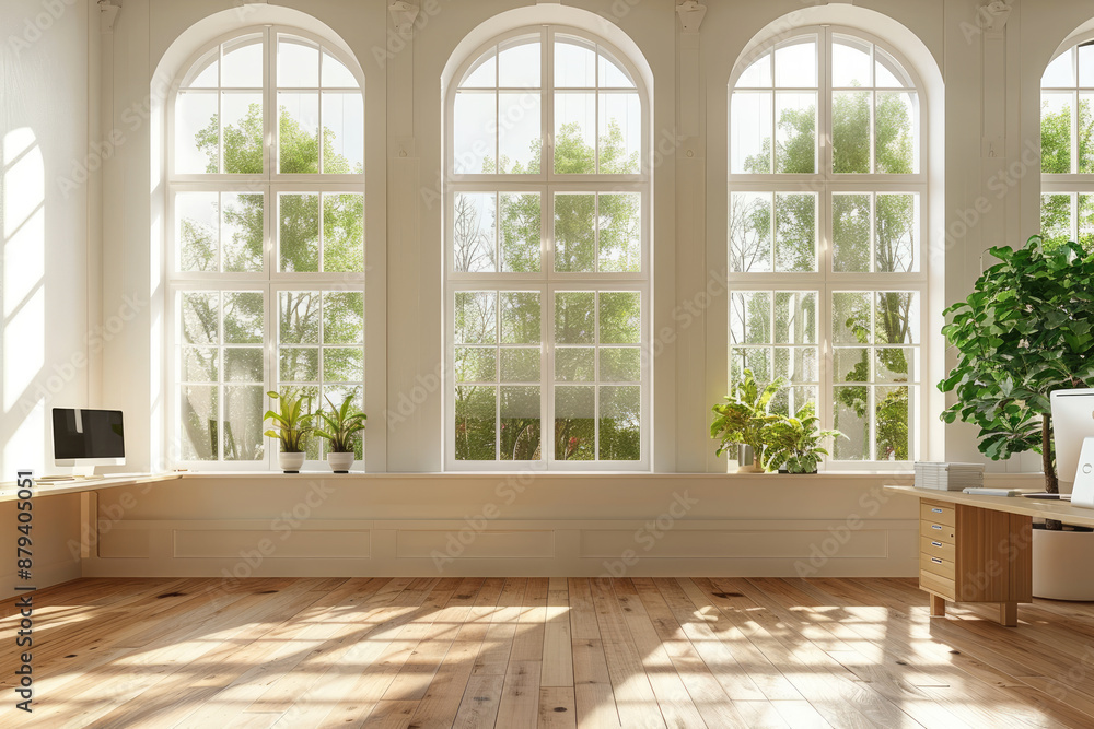 Empty work office with large windows and minimal furniture Empty work office with large windows and minimal furniture