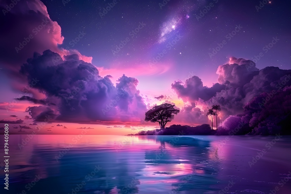 Breathtaking sunset over a serene beach with vibrant purple and pink clouds and a star-filled sky. Breathtaking sunset over a serene beach with vibrant purple and pink clouds and a star-filled sky.