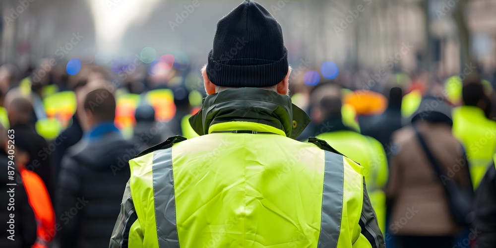 Managing crowds at an outdoor event with a police officer in a high-visibility jacket. Concept Crowd Management, Outdoor Event, Police Officer, High-Visibility Jacket Managing crowds at an outdoor event with a police officer in a high-visibility jacket. Concept Crowd Management, Outdoor Event, Police Officer, High-Visibility Jacket