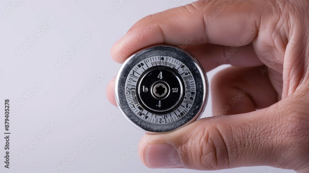 Hand turning combination lock dial on white background Hand turning combination lock dial on white background