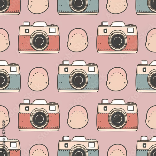 Create a cute print pattern with Repeatative motifs of a camera in pastel shade photo