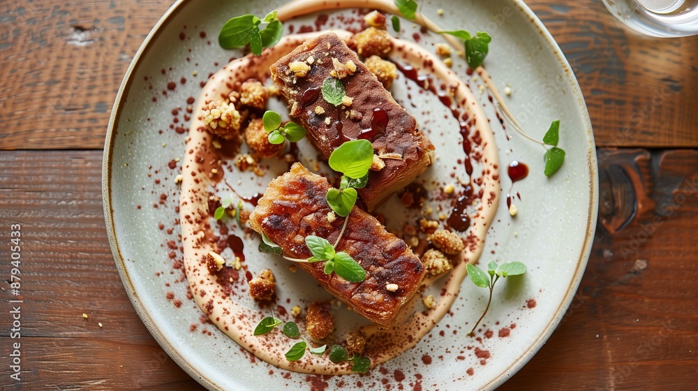 Gourmet pork belly served on an artistic plate, adorned with herbs and sauce.