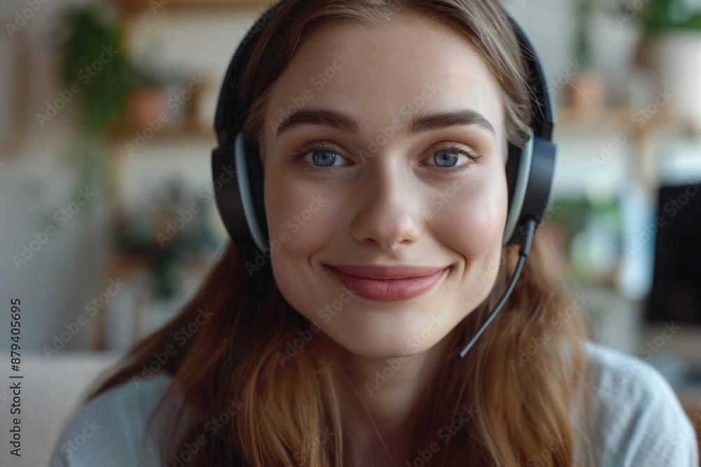 Look At Camera. Close up headshot of smiling young Caucasian woman in headphones with webcam conference talking to client Look At Camera. Close up headshot of smiling young Caucasian woman in headphones with webcam conference talking to client