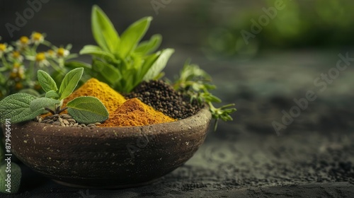 A closeup of various herbs and natural remedies, emphasizing the use of plants for healing
