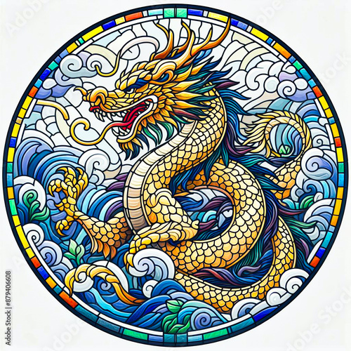 Eastern Constellations: Stained Glass Inspired Illustration, Chinese Zodiacs Radiate in Circular Tiles Against White Backdrop (Dragon)