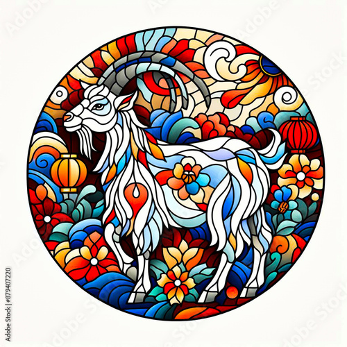 Eastern Constellations: Stained Glass Inspired Illustration, Chinese Zodiacs Radiate in Circular Tiles Against White Backdrop ( Goat)