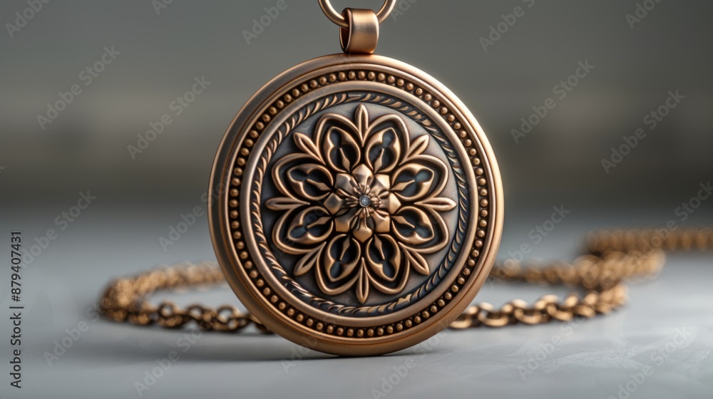 Intricate Copper Pendant With Ornate Flower Design on a Chain. Generative AI Intricate Copper Pendant With Ornate Flower Design on a Chain. Generative AI