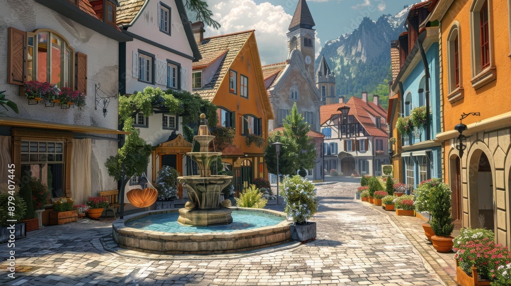 Fototapeta premium A city street with a fountain in the middle and a clock tower in the background