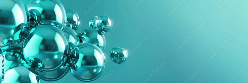 Abstract 3D background with flying turquoise balls, shiny balls varnished, blue background, space for text Abstract 3D background with flying turquoise balls, shiny balls varnished, blue background, space for text
