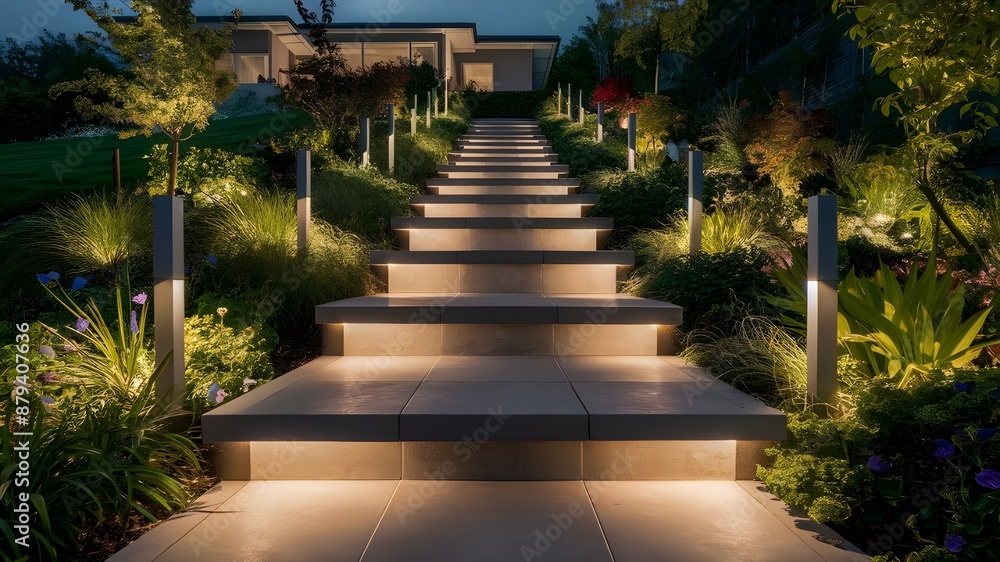 Obraz premium Modern gardening landscaping design details. Illuminated pathway in front of residential house. Landscape garden with ambient lighting system installation highlighting flowers plants
