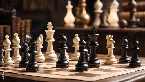 International chess day, a chessboard with various white and black chess pieces mid game, placed on an antique wooden table with background is slightly blurred